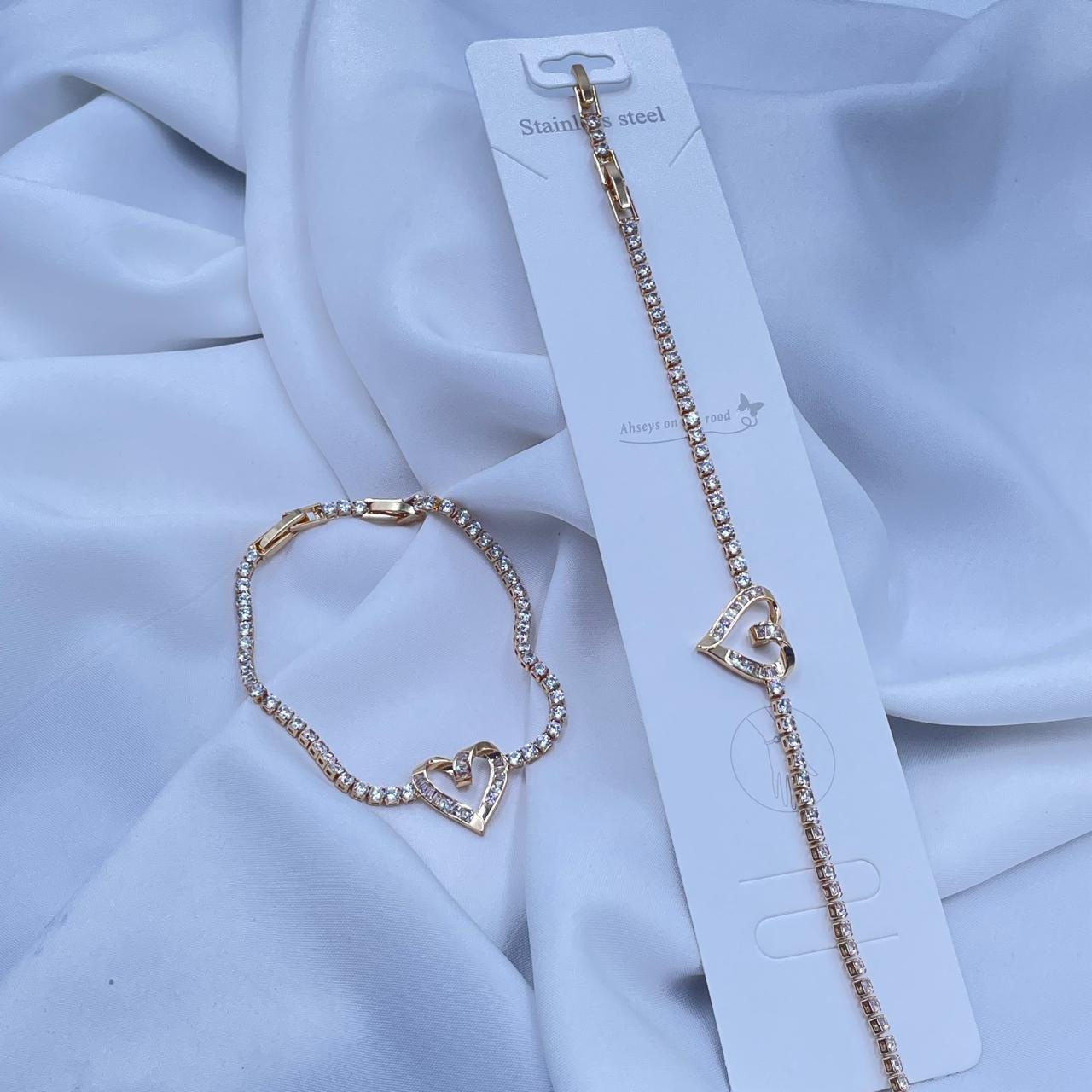 Golden Heart Of Crystal Tennis Bracelet