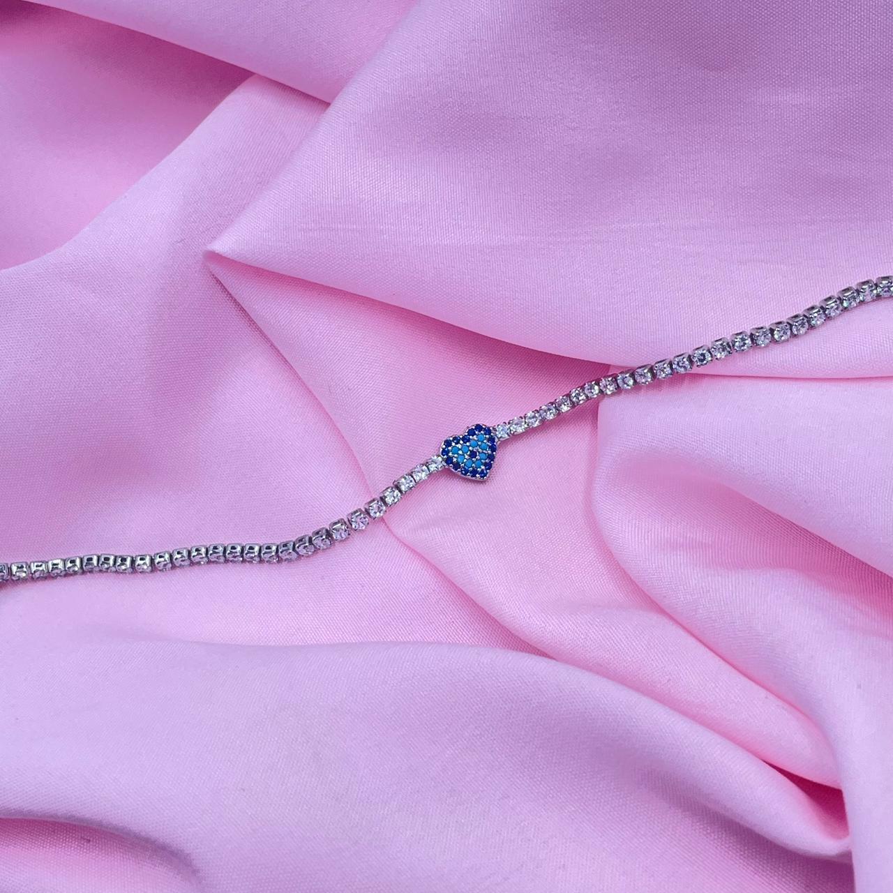 Silver Heart Evil Eye Tennis Bracelet