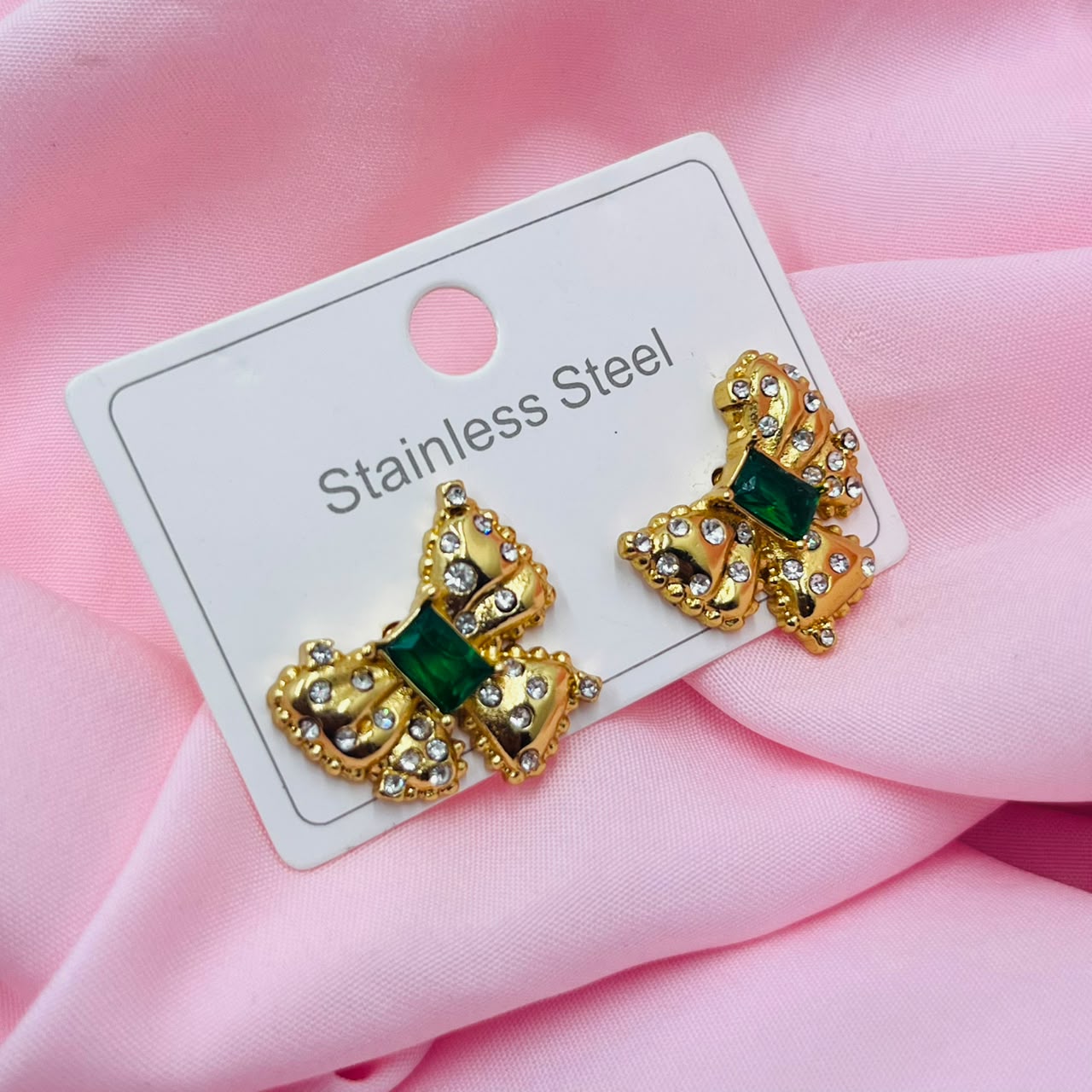Green Stone Bow Earrings