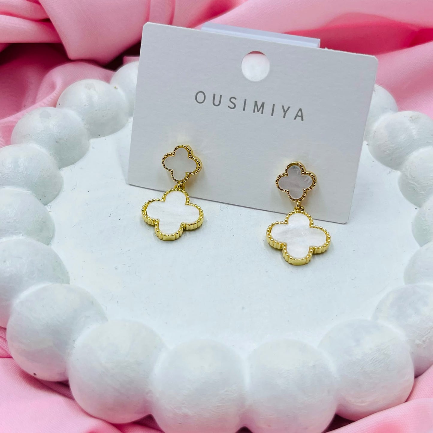 Gold And White Floral Earrings