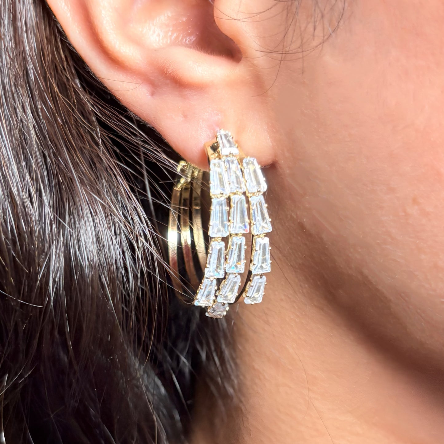 Golden Triple Studded Hoops