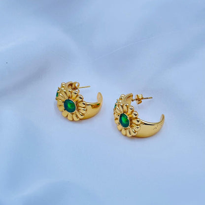 Green Flower Hoops Earrings