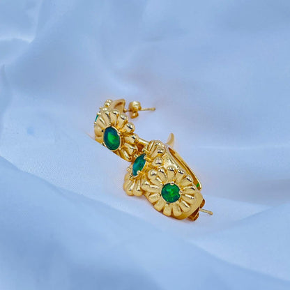 Green Flower Hoops Earrings