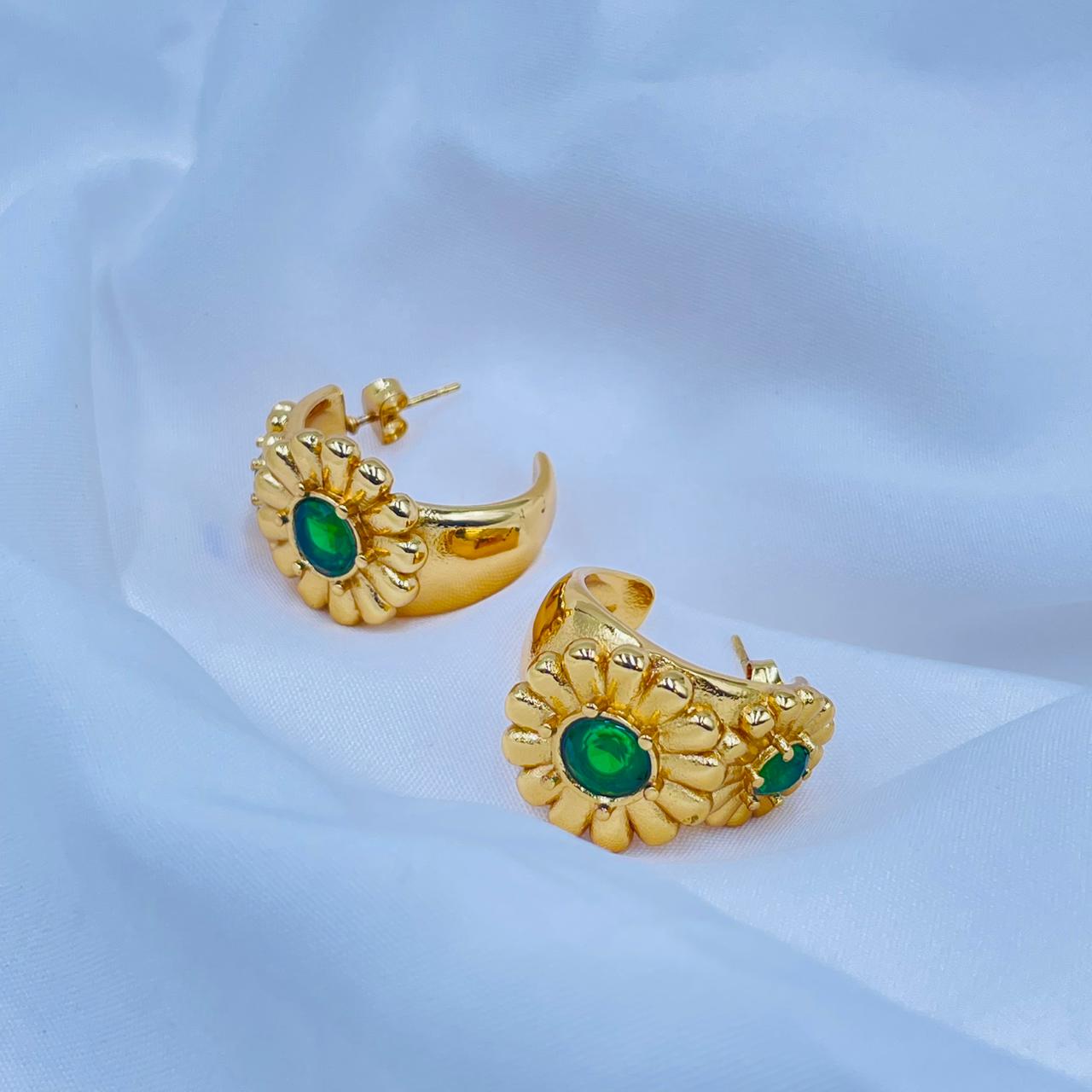 Green Flower Hoops Earrings