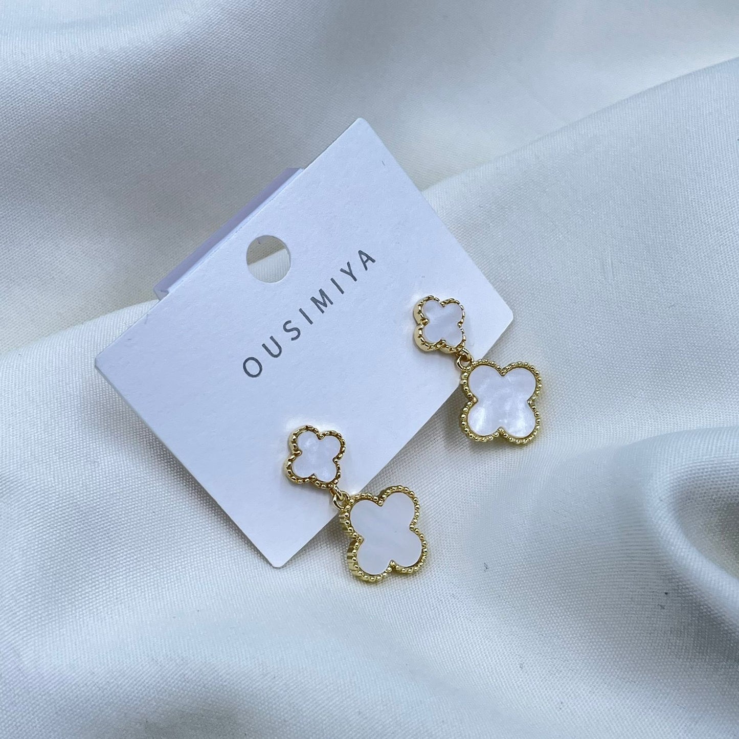Gold And White Floral Earrings