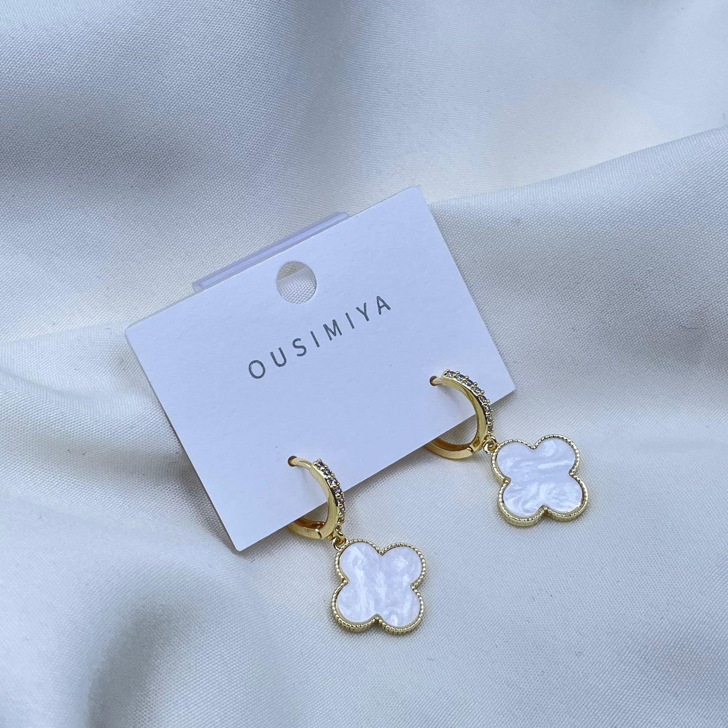 Gold And White Floral Earrings