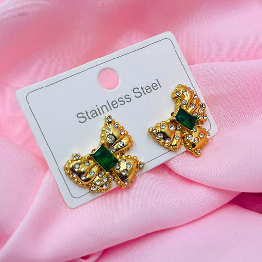 Green Stone Bow Earrings