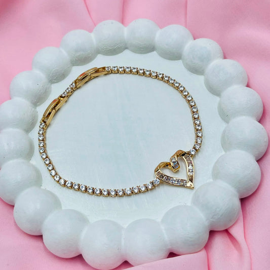 Golden Heart Of Crystal Tennis Bracelet