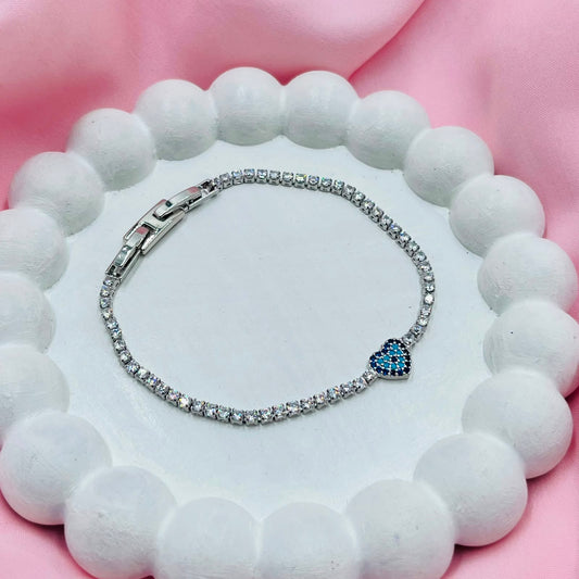Silver Heart Evil Eye Tennis Bracelet