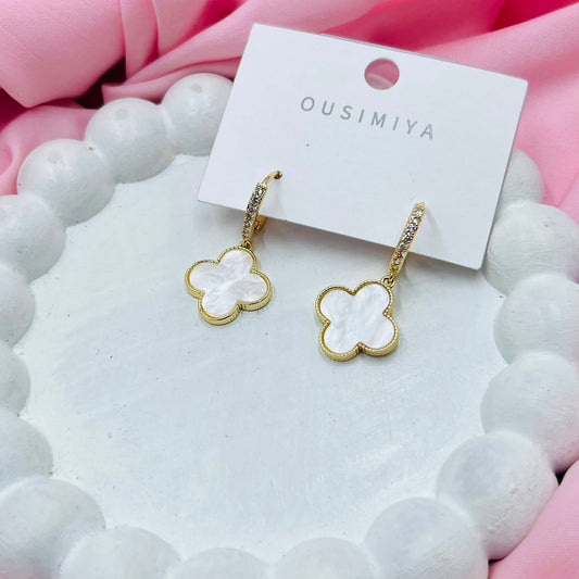 Gold And White Floral Earrings