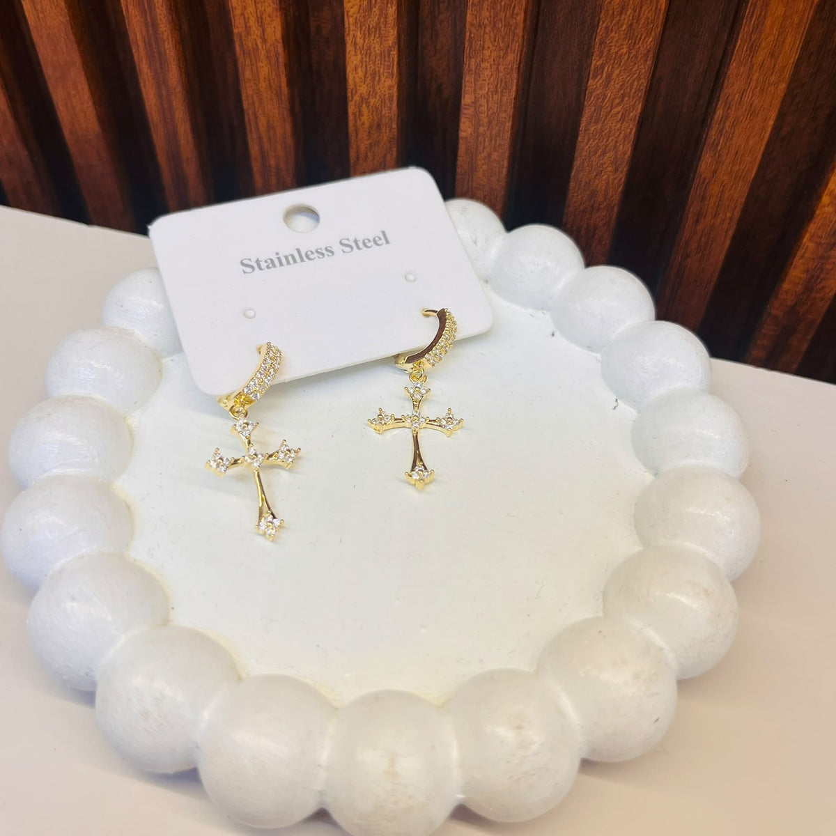 Golden Cross Stone Earrings