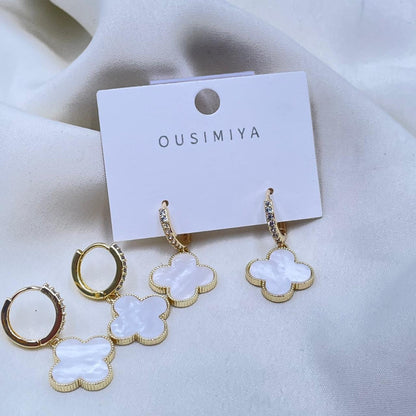 Gold And White Floral Earrings