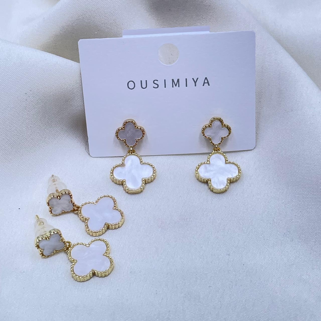 Gold And White Floral Earrings